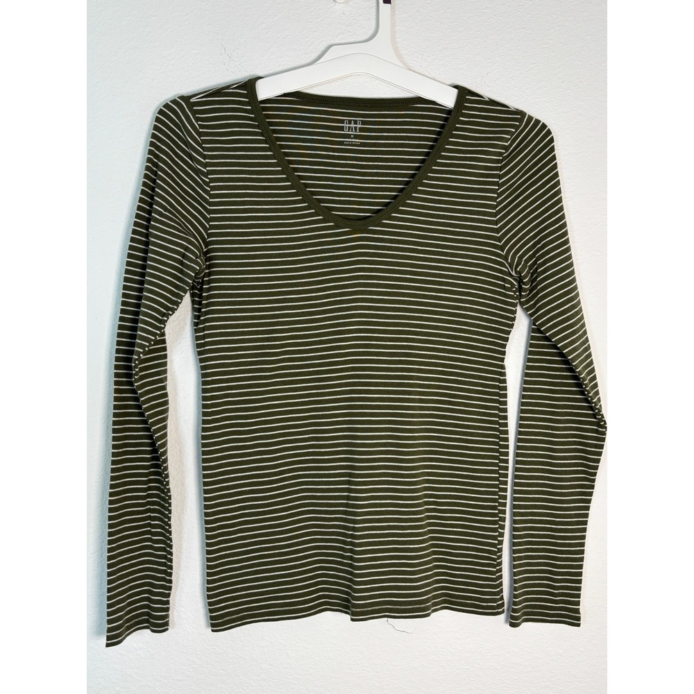 Gap Favorite Tee Womens Medium Olive Green White Striped Long Sleeve Scoop Neck